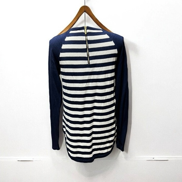 🌻Michael Kors Blue & White Stripe Hi-Low Hem Long Sleeve Back Zip Top Size M - Picture 4 of 8